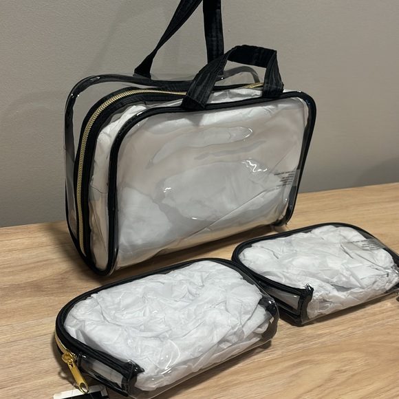 Set of Clear (black and gold trim) zipper organizer bags makeup, travel set of 3 - Picture 2 of 5